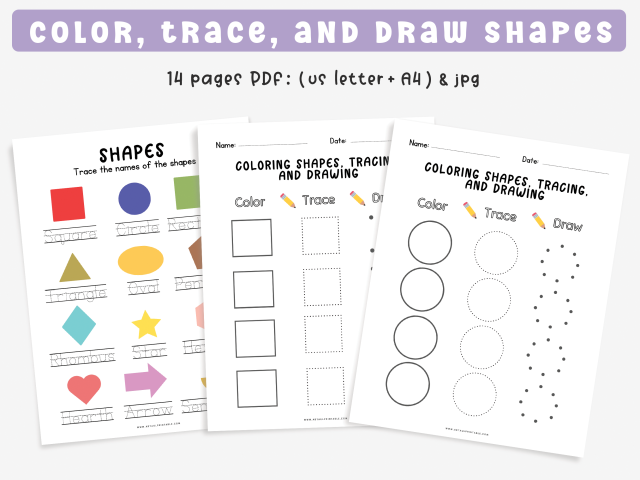 14 worksheets for color, tracing, and drawing shapes