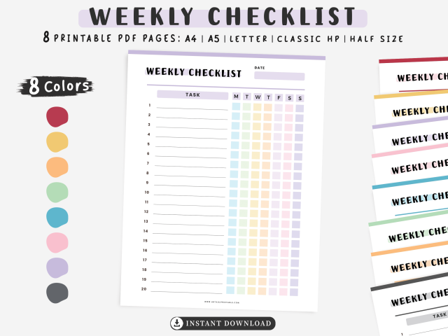 Weekly Checklist Printable & Fillable, Weekly Task Planner