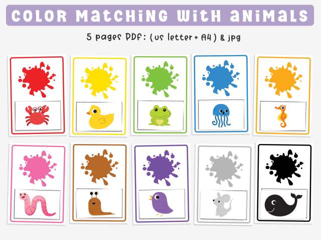 Color Activity with Animals, Color Matching Worksheet for Toddlers