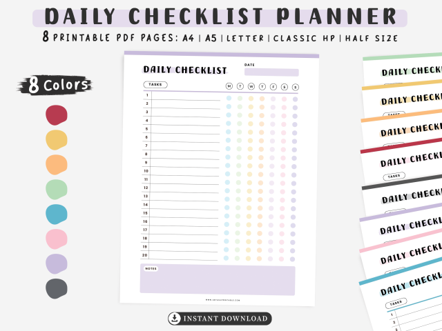 Printable Daily Checklist, Daily Task Planner Template