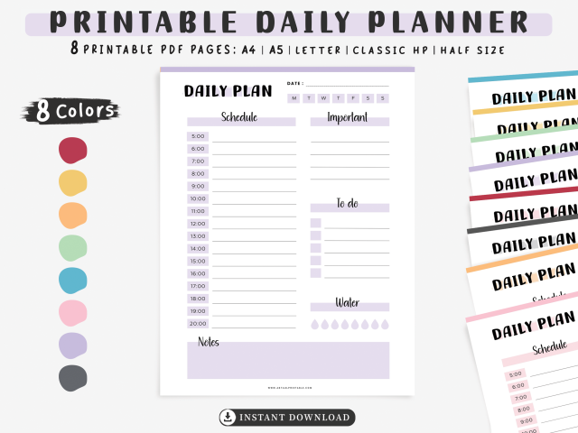 Printable Daily Planner, Instant Digital Download