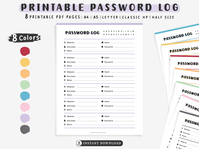 Printable Password Tracker, Password Log Organizer, 8 Colors