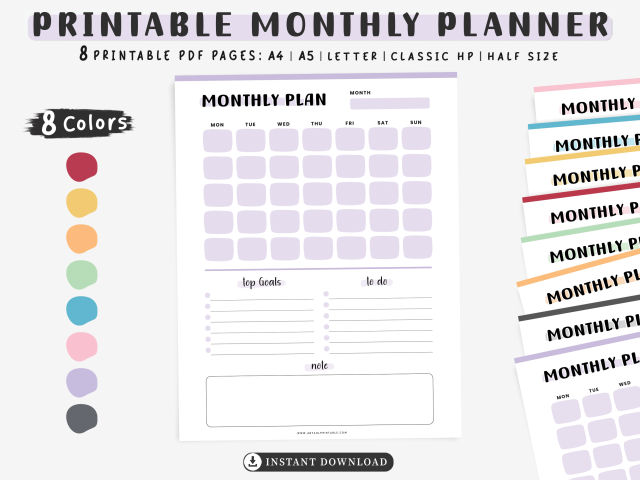 Printable Monthly Planner, Instant Digital Download