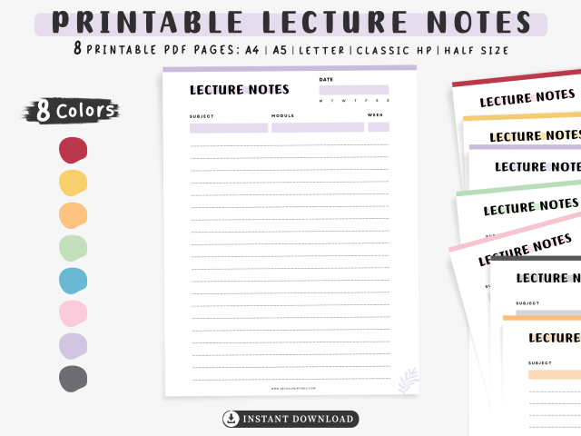 Printable Lecture Notes, template for school and college planners