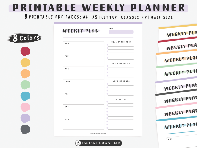 Printable Weekly Planner, Instant Digital Download