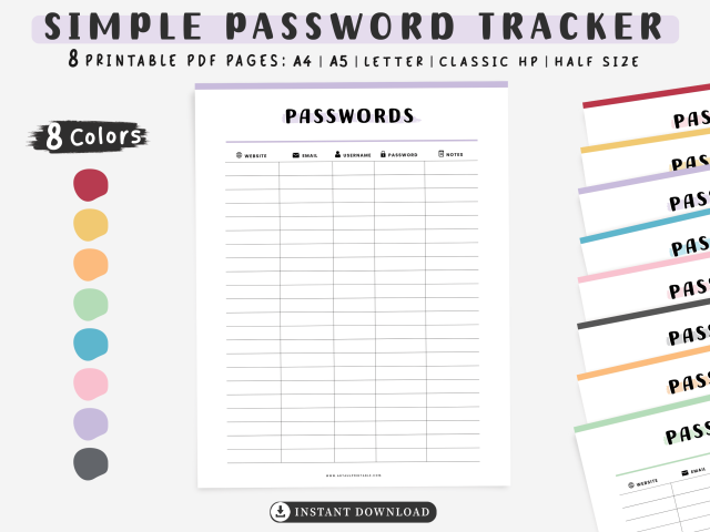 Printable Password Tracker, Simple Password Organizer