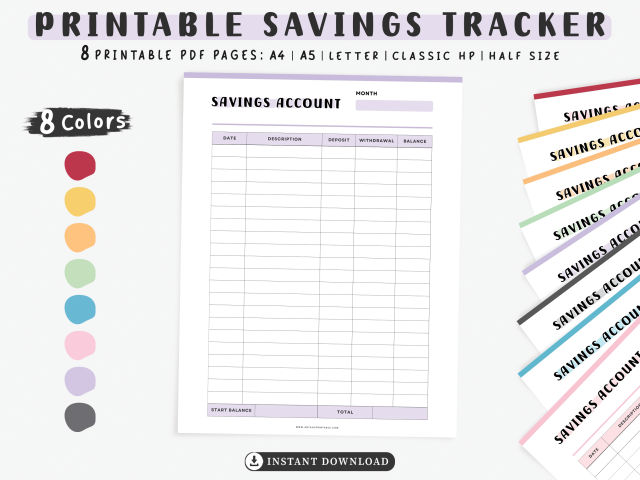 Savings tracker Printable, saving log Sheet, Financial Planning