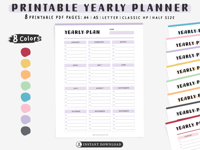 Printable Yearly Planner, Instant Digital Download