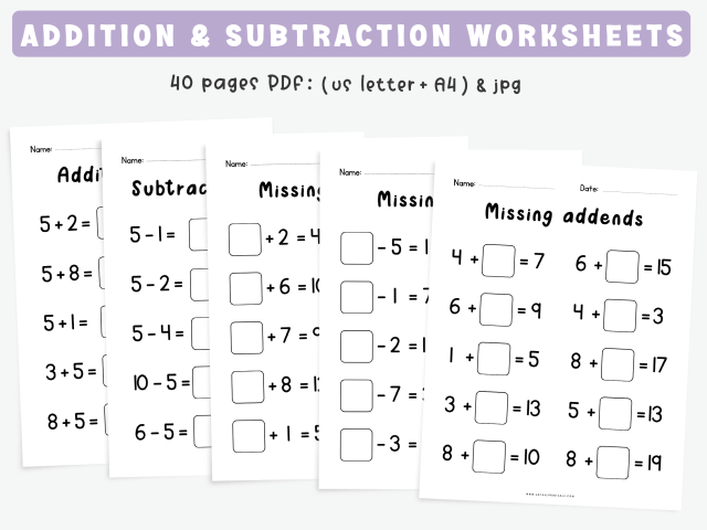 40 Printable Math Worksheets, Addition And Subtraction