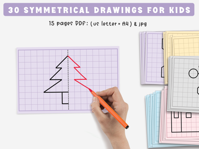 30 Printable Symmetrical Grid Drawing Puzzle Cards, Children's Activity