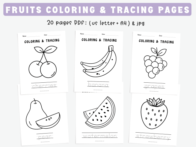 20 Printable Fruit Coloring & Tracing Pages, Coloring Worksheet