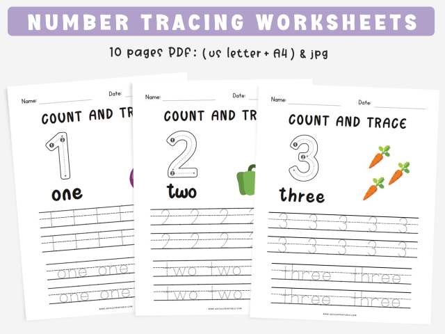 Number Tracing Worksheets for Kids, Practice Numbers 1-10