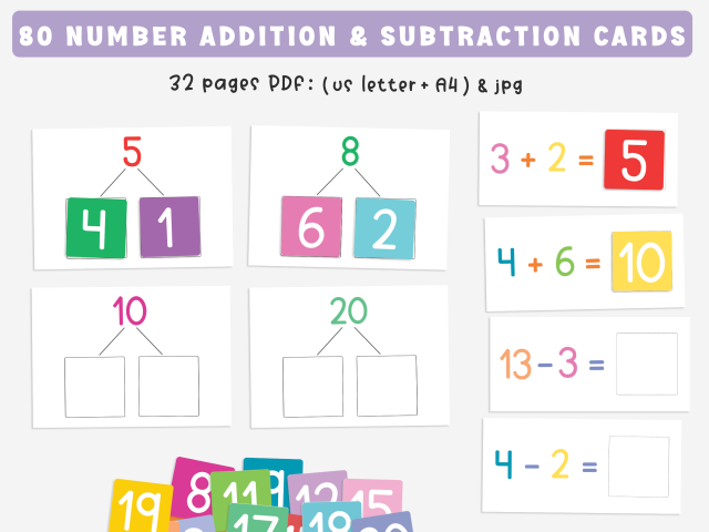 80 Printable Addition and Subtraction Cards for Kids