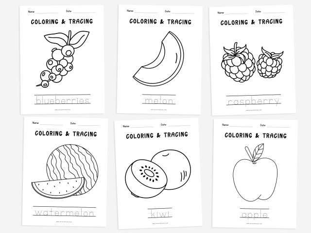 20 Printable Fruit Coloring & Tracing Pages, Coloring Worksheet - Image 4