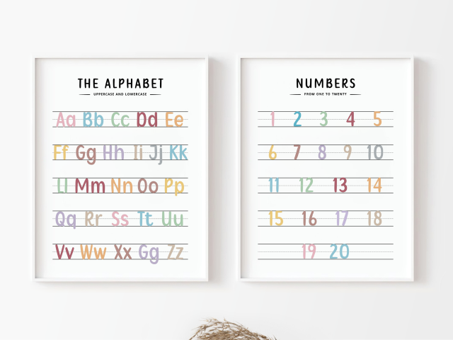 Printable Kids Learning Posters, Numbers 1-20 & Alphabet Wall Art