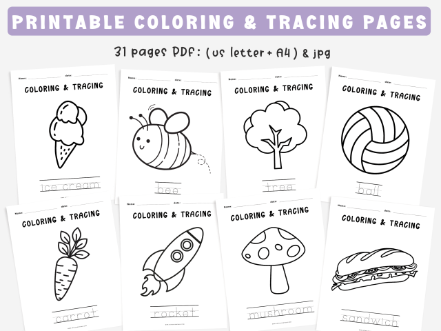 31 Printable Coloring Pages with Word Tracing, Educational Fun