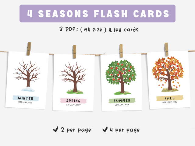 Printable Four Seasons Flashcards for Kids, Educational Cards