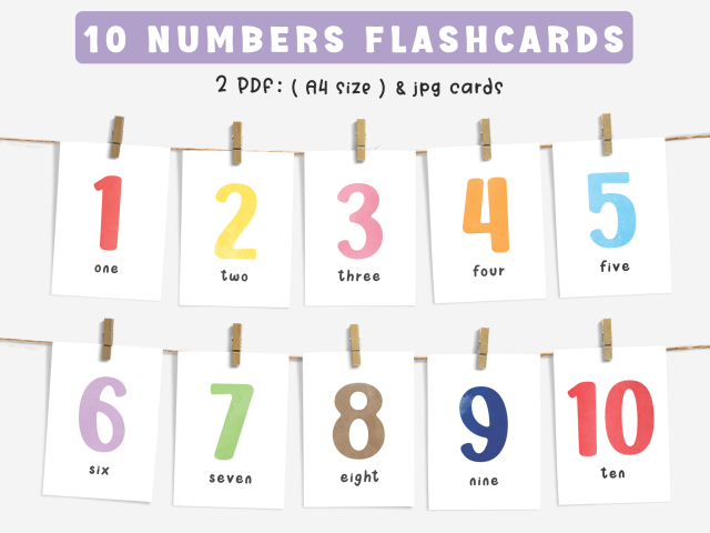 Numbers Flash Cards, Printable Preschool Counting Flashcards 1-10