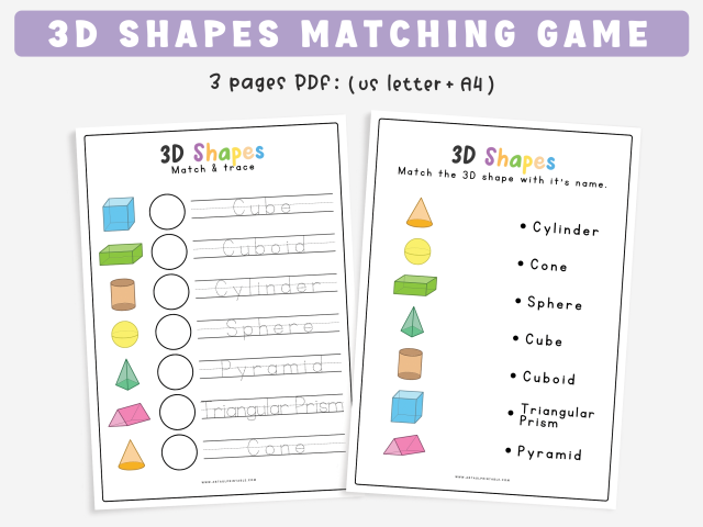 3D Shape Matching and Tracing Worksheets for Early Learners