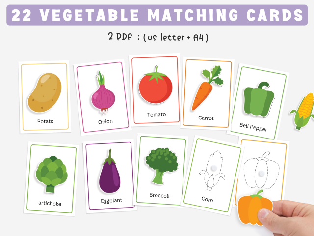 22 Vegetable Flashcards for Toddlers, Vegetable Matching and Tracing